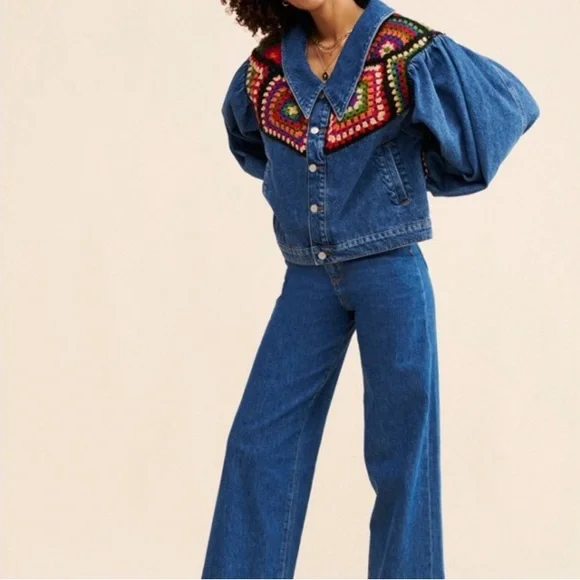 NWT Farm Rio Oversized Granny Square Crochet Denim Jacket - Picture 1 of 7